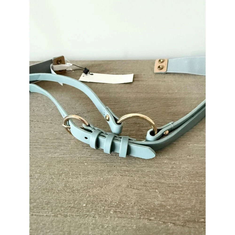 NWT BCBGeneration Slate Blue Double-Ring Elastic Back Belt w. Gold Size M/L